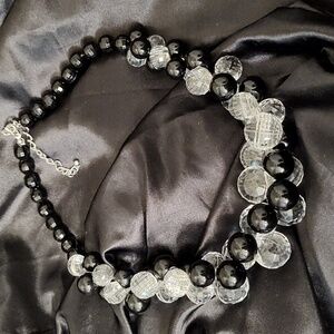Vintage Bold Clear Faceted Glass & Black Beaded Shorter Necklace